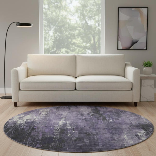 HomeRoots 8' Abstract Purple, Charcoal, and Ivory Round Rug - Washable, UV-Protected, Durable & Stylish Home Accent 697101