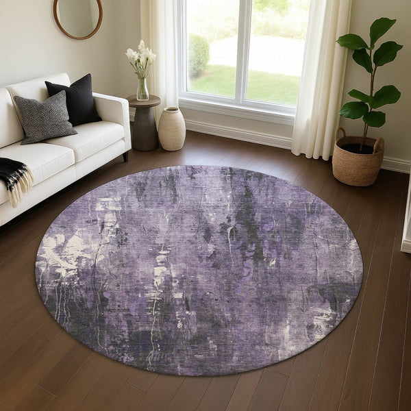 HomeRoots 8' Abstract Purple, Charcoal, and Ivory Round Rug - Washable, UV-Protected, Durable & Stylish Home Accent 697101