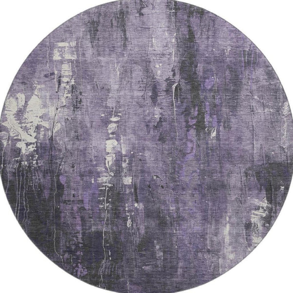 HomeRoots 8' Abstract Purple, Charcoal, and Ivory Round Rug - Washable, UV-Protected, Durable & Stylish Home Accent 697101