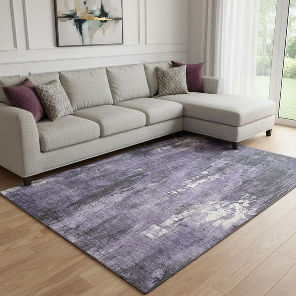 HomeRoots 8' X 10' Purple Charcoal Ivory Abstract Washable Area Rug with UV Protection for High-Traffic Spaces 697102