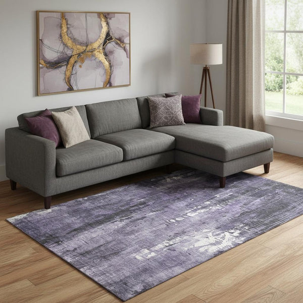 HomeRoots 10' X 14' Abstract Area Rug in Purple, Charcoal & Ivory - Washable, UV-Protected, Pet-Friendly Design 697104