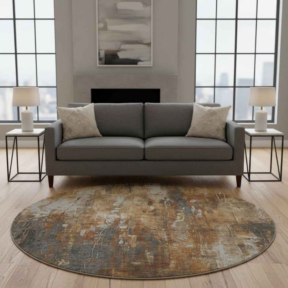 HomeRoots 8' Modern Abstract Washable Round Rug in Rust, Charcoal & Ivory – UV Protected, Stain Resistant Design 697107