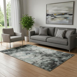 HomeRoots 5' X 8' Teal Charcoal Ivory Abstract Washable Area Rug - Modern Design with UV Protection & Durability 697112