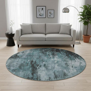 HomeRoots 8' Washable Round Rug in Teal, Charcoal & Ivory – Stylish, Durable, UV-Protected for High Traffic Areas 697113