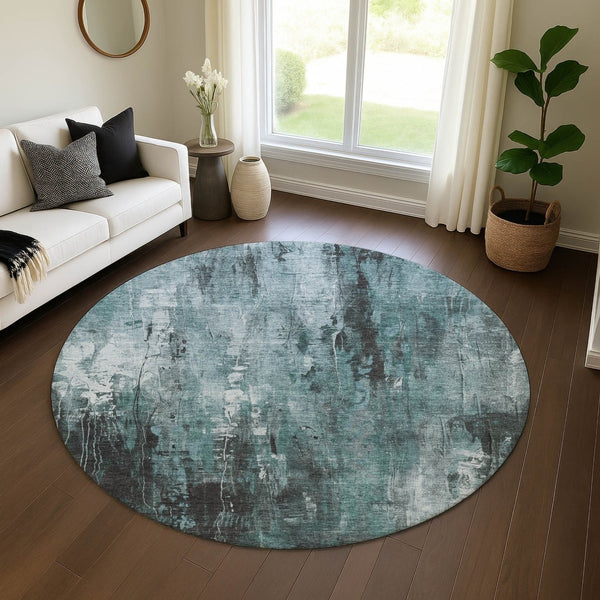 HomeRoots 8' Washable Round Rug in Teal, Charcoal & Ivory – Stylish, Durable, UV-Protected for High Traffic Areas 697113