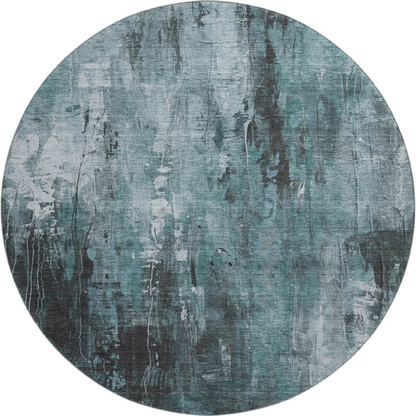 HomeRoots 8' Washable Round Rug in Teal, Charcoal & Ivory – Stylish, Durable, UV-Protected for High Traffic Areas 697113
