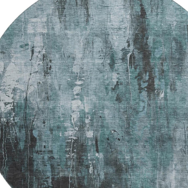 HomeRoots 8' Washable Round Rug in Teal, Charcoal & Ivory – Stylish, Durable, UV-Protected for High Traffic Areas 697113