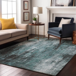 HomeRoots 10' X 14' Teal Charcoal Abstract Washable Area Rug with UV Protection for Living Spaces & Durability 697116