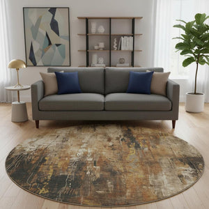 HomeRoots 8' Taupe Copper and Ivory Abstract Round Rug – Stylish, Washable, UV Protected for High-Traffic Areas 697119
