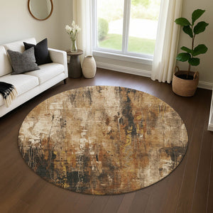 HomeRoots 8' Taupe Copper and Ivory Abstract Round Rug – Stylish, Washable, UV Protected for High-Traffic Areas 697119