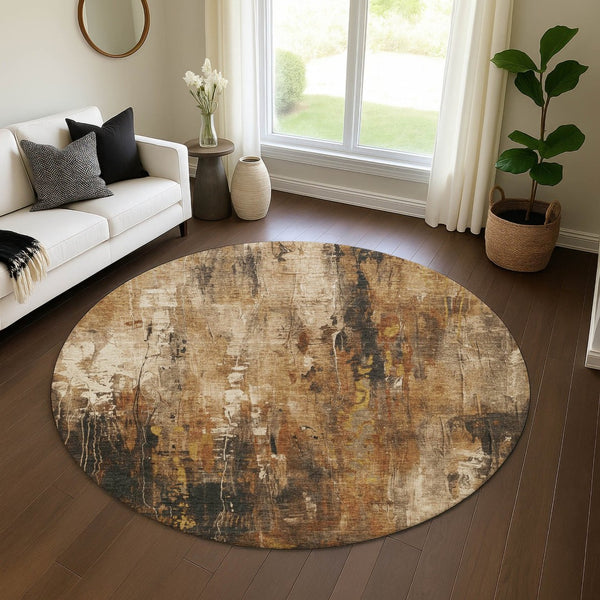 HomeRoots 8' Taupe Copper and Ivory Abstract Round Rug – Stylish, Washable, UV Protected for High-Traffic Areas 697119