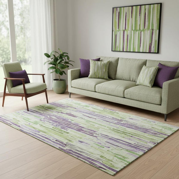 HomeRoots 5' X 8' Artichoke Green, Lavender & Ivory Striped Washable Area Rug with UV Protection & Non-Slip Backing 697124