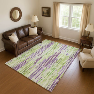 HomeRoots 5' X 8' Artichoke Green, Lavender & Ivory Striped Washable Area Rug with UV Protection & Non-Slip Backing 697124