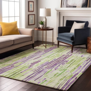 HomeRoots 5' X 8' Artichoke Green, Lavender & Ivory Striped Washable Area Rug with UV Protection & Non-Slip Backing 697124