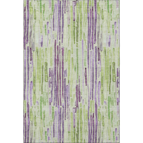 HomeRoots 5' X 8' Artichoke Green, Lavender & Ivory Striped Washable Area Rug with UV Protection & Non-Slip Backing 697124