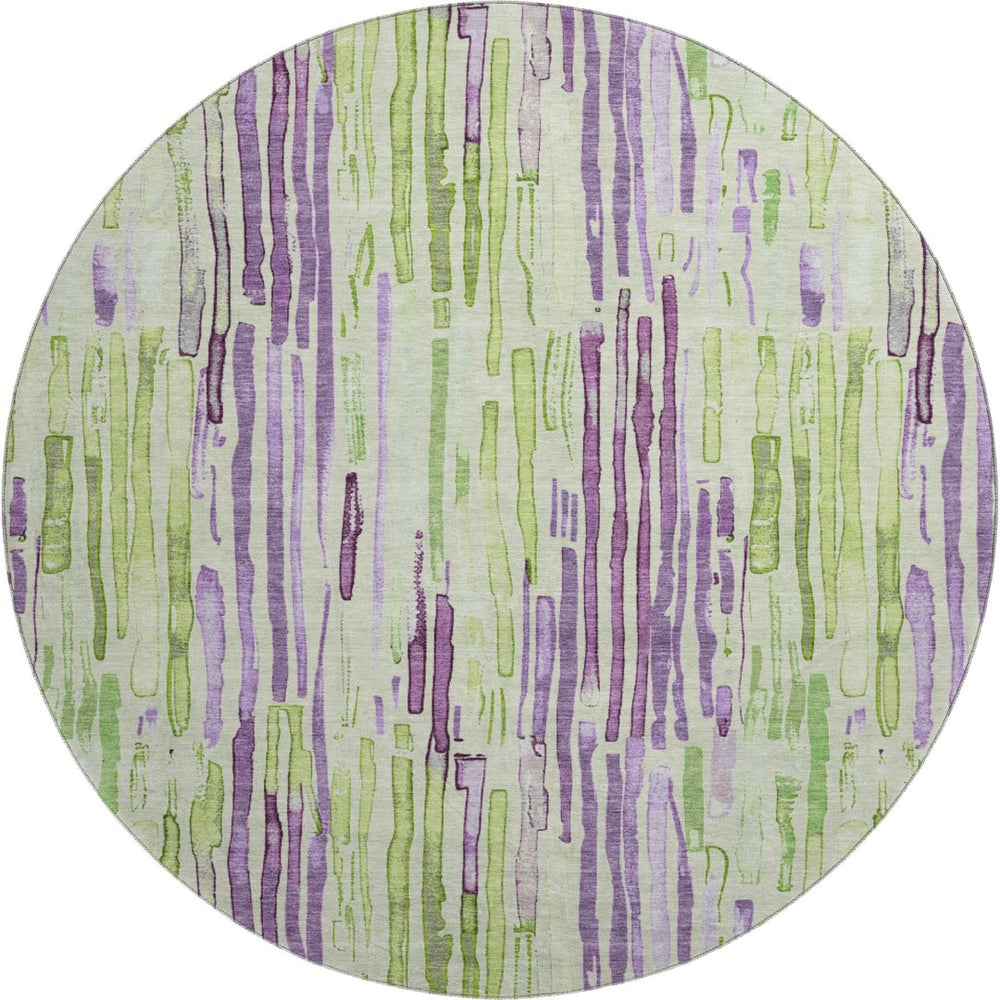 HomeRoots 8' Washable Round Rug in Artichoke Green, Lavender & Ivory Stripes with UV Protection for Durability 697125