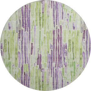 HomeRoots 8' Washable Round Rug in Artichoke Green, Lavender & Ivory Stripes with UV Protection for Durability 697125