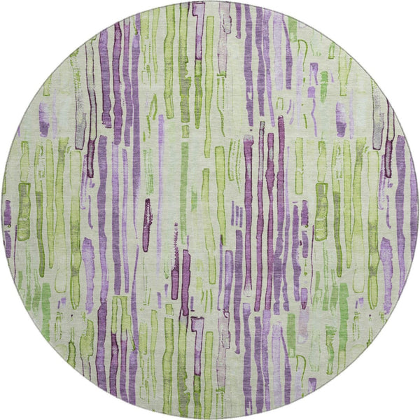 HomeRoots 8' Washable Round Rug in Artichoke Green, Lavender & Ivory Stripes with UV Protection for Durability 697125
