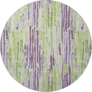 HomeRoots 8' Washable Round Rug in Artichoke Green, Lavender & Ivory Stripes with UV Protection for Durability 697125