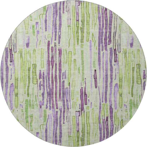 HomeRoots 8' Washable Round Rug in Artichoke Green, Lavender & Ivory Stripes with UV Protection for Durability 697125