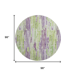 HomeRoots 8' Washable Round Rug in Artichoke Green, Lavender & Ivory Stripes with UV Protection for Durability 697125