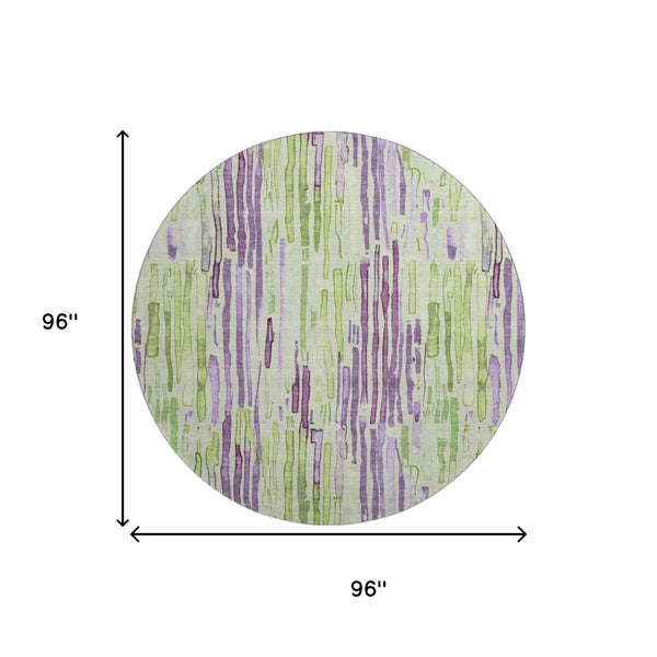 HomeRoots 8' Washable Round Rug in Artichoke Green, Lavender & Ivory Stripes with UV Protection for Durability 697125