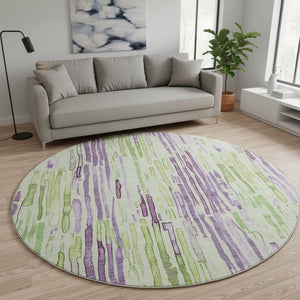 HomeRoots 8' Washable Round Rug in Artichoke Green, Lavender & Ivory Stripes with UV Protection for Durability 697125