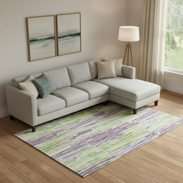 HomeRoots 9' X 12' Artichoke Green Striped Area Rug – Washable, UV-Protected, Perfect for Homes with Kids & Pets! 697127