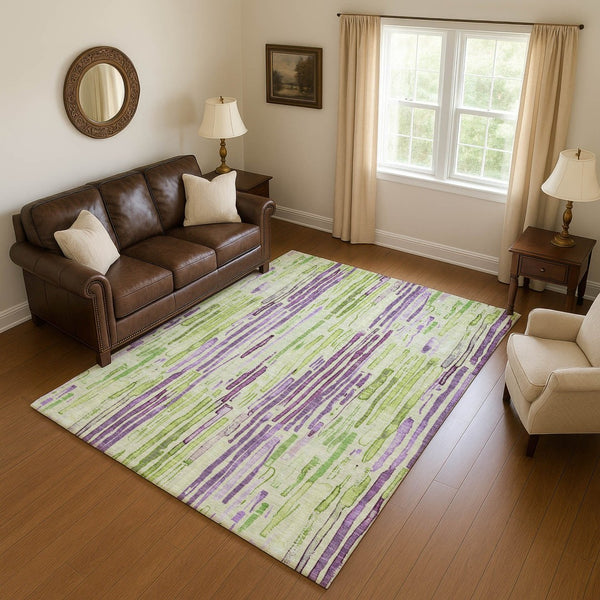 HomeRoots 10' X 14' Artichoke Green Striped Washable Area Rug with UV Protection for Stylish Living Spaces 697128