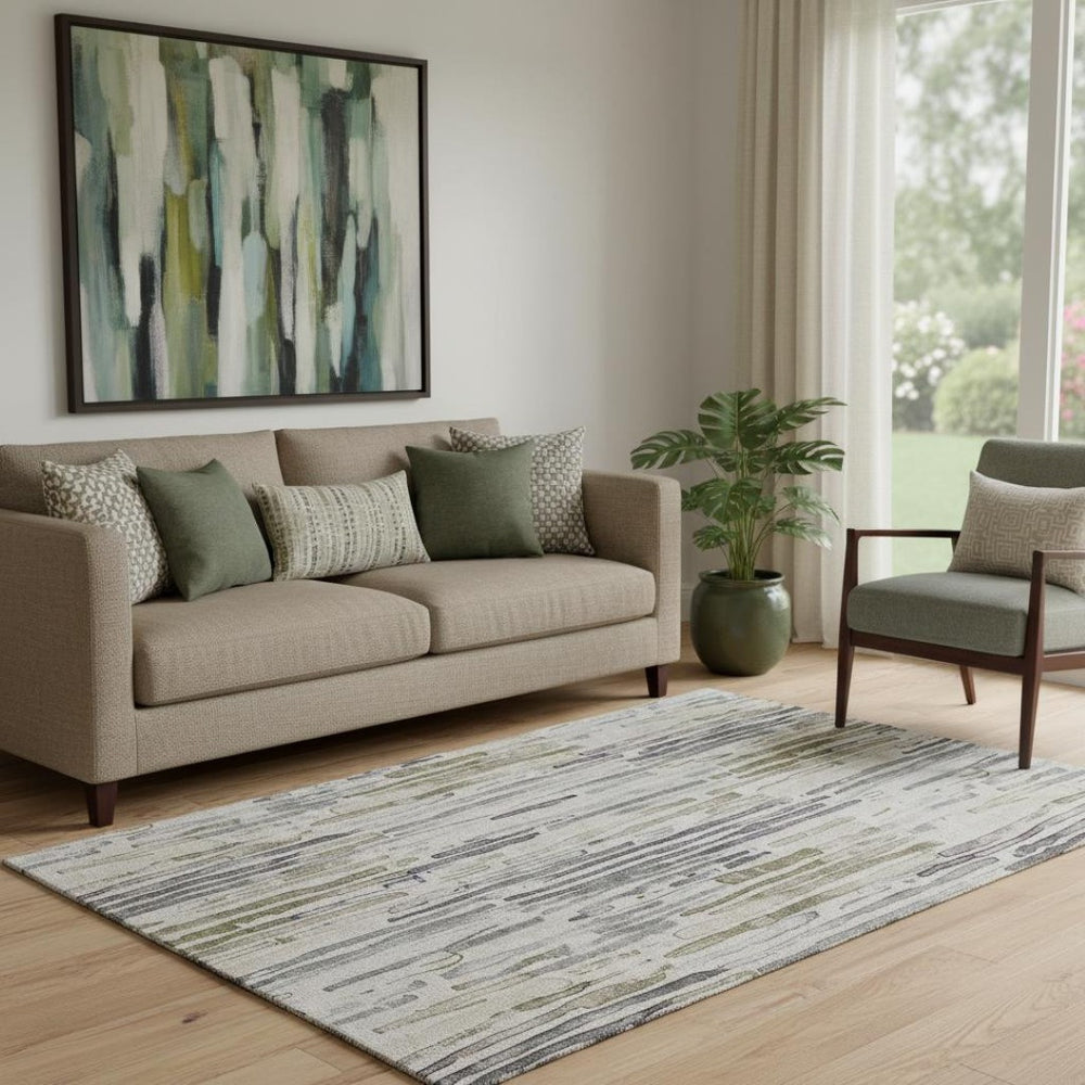 HomeRoots 5' Stylish Beige Tan & Silver Striped Washable Area Rug - UV Protected, Durable for High-Traffic Spaces 697130