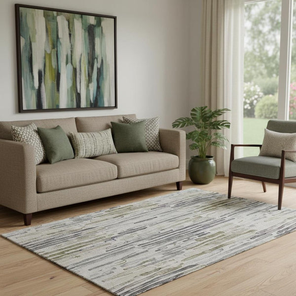 HomeRoots 5' Stylish Beige Tan & Silver Striped Washable Area Rug - UV Protected, Durable for High-Traffic Spaces 697130