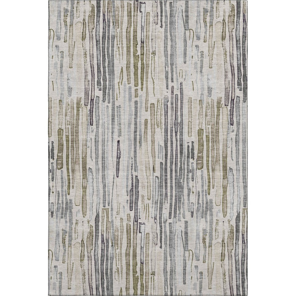 HomeRoots 5' Stylish Beige Tan & Silver Striped Washable Area Rug - UV Protected, Durable for High-Traffic Spaces 697130