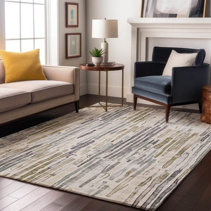 HomeRoots 5' Stylish Beige Tan & Silver Striped Washable Area Rug - UV Protected, Durable for High-Traffic Spaces 697130