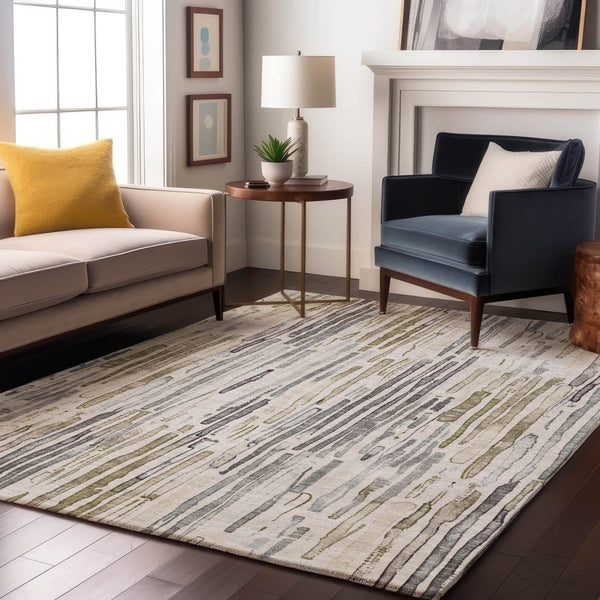 HomeRoots 5' Stylish Beige Tan & Silver Striped Washable Area Rug - UV Protected, Durable for High-Traffic Spaces 697130