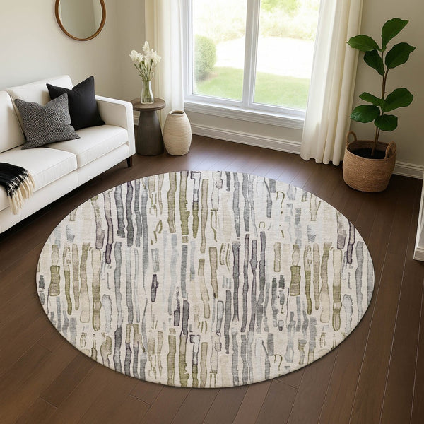 HomeRoots 8' Stylish Beige Tan & Silver Striped Washable Round Rug with UV Protection for High Traffic Areas 697131