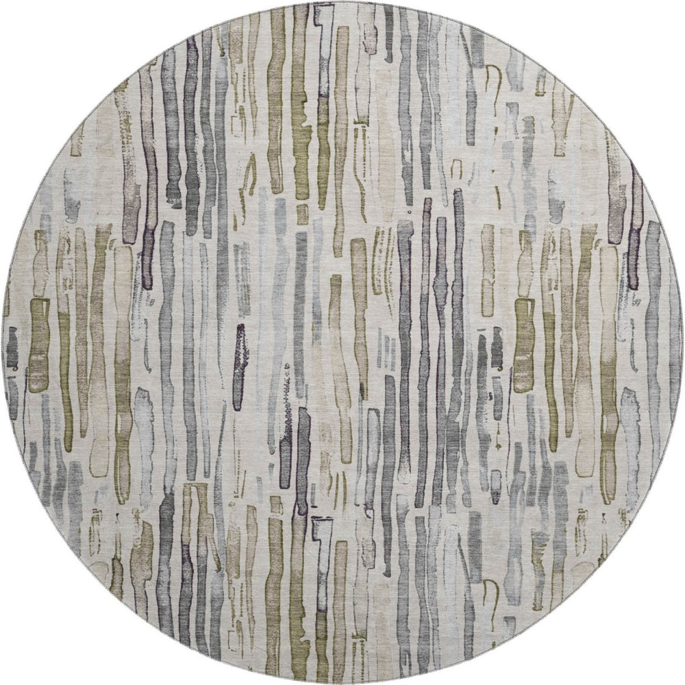 HomeRoots 8' Stylish Beige Tan & Silver Striped Washable Round Rug with UV Protection for High Traffic Areas 697131