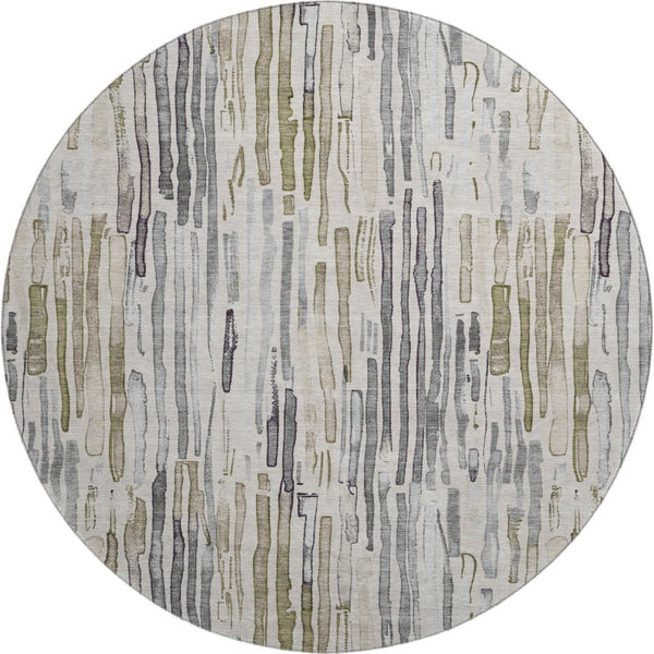 HomeRoots 8' Stylish Beige Tan & Silver Striped Washable Round Rug with UV Protection for High Traffic Areas 697131