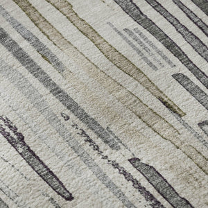 HomeRoots 8' Stylish Beige Tan & Silver Striped Washable Round Rug with UV Protection for High Traffic Areas 697131