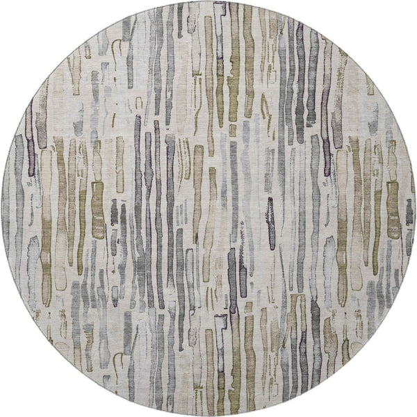 HomeRoots 8' Stylish Beige Tan & Silver Striped Washable Round Rug with UV Protection for High Traffic Areas 697131
