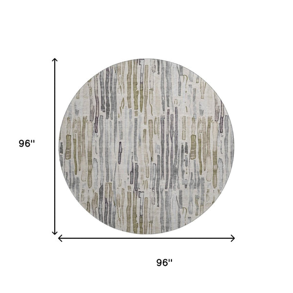 HomeRoots 8' Stylish Beige Tan & Silver Striped Washable Round Rug with UV Protection for High Traffic Areas 697131