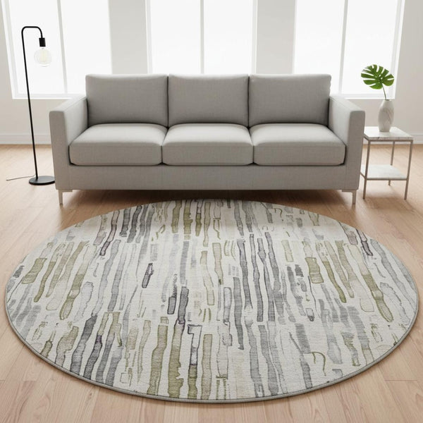 HomeRoots 8' Stylish Beige Tan & Silver Striped Washable Round Rug with UV Protection for High Traffic Areas 697131