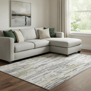 HomeRoots 8' X 10' Beige Tan & Silver Striped Area Rug - Washable, Stain Resistant, UV Protected for All Rooms 697132