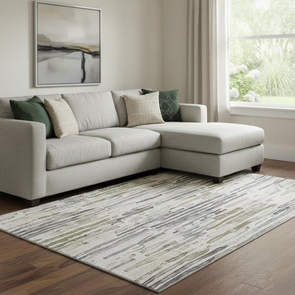 HomeRoots 8' X 10' Beige Tan & Silver Striped Area Rug - Washable, Stain Resistant, UV Protected for All Rooms 697132