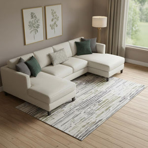 HomeRoots 9' X 12' Beige Tan & Silver Striped Washable Area Rug with UV Protection for Busy Homes & Style 697133