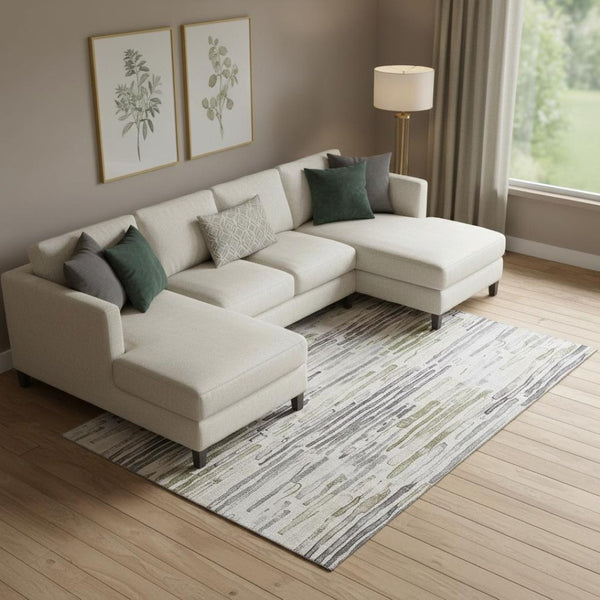HomeRoots 9' X 12' Beige Tan & Silver Striped Washable Area Rug with UV Protection for Busy Homes & Style 697133