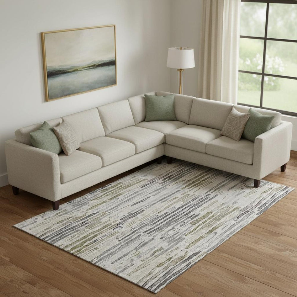 HomeRoots 10' Stylish Washable Area Rug in Beige, Tan & Silver Stripes - UV Protected for High-Traffic Areas 697134