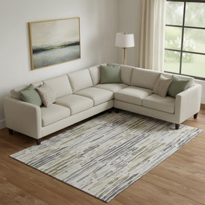 HomeRoots 10' Stylish Washable Area Rug in Beige, Tan & Silver Stripes - UV Protected for High-Traffic Areas 697134