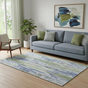 HomeRoots 5' X 8' Coastal-Inspired Striped Area Rug in Sky Blue, Green & Ivory - UV Protected & Washable! 697136