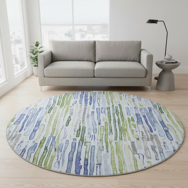 HomeRoots 8' Coastal-Inspired Washable Round Rug in Sky Blue, Green & Ivory - UV Protected, Durable Design! 697137