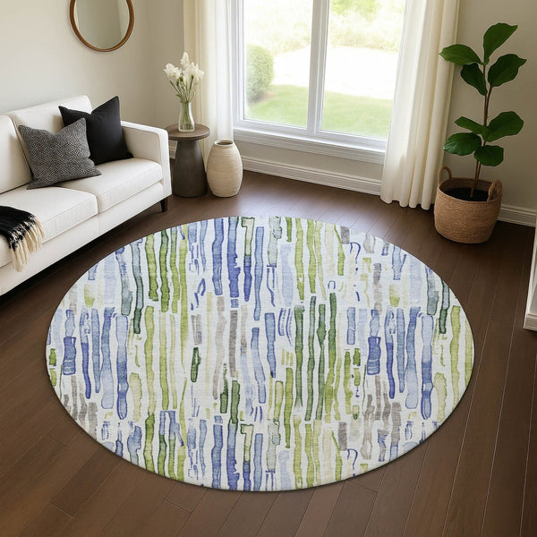 HomeRoots 8' Coastal-Inspired Washable Round Rug in Sky Blue, Green & Ivory - UV Protected, Durable Design! 697137